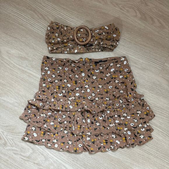 Missguided brown floral tube top ruffle skirt two piece set US 2 - Picture 1 of 4